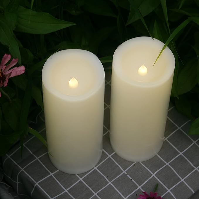 Outdoor Waterproof Large Led Flameless Candles with Remote Timer Long Lasting Battery Operated Plastic Electric Resin Pillar Candles for Home Garden Patio Xmas Wedding Party Decorations 4”X10” 2 Pack