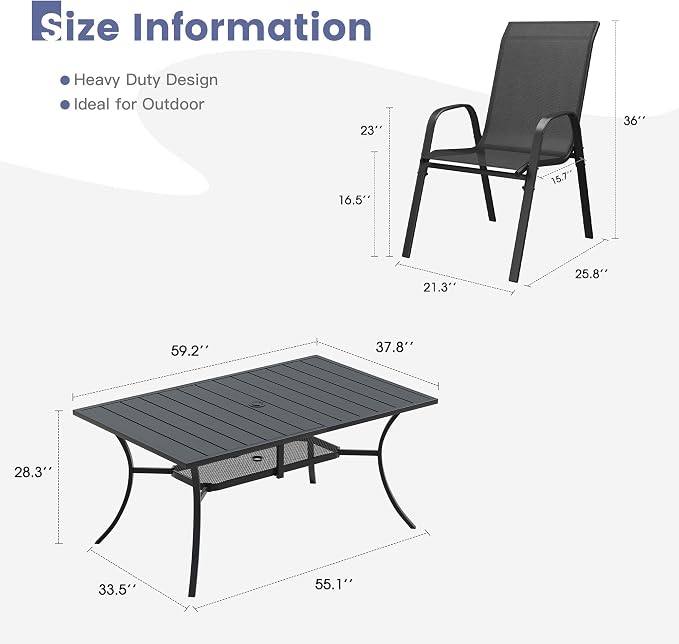 VICLLAX Outdoor Patio Dining Set for 6, Metal Slatted Patio Table with Umbrella Hole and Stackable Patio Chairs for Deck Lawn Garden, Black Fabric and Black Tabletop