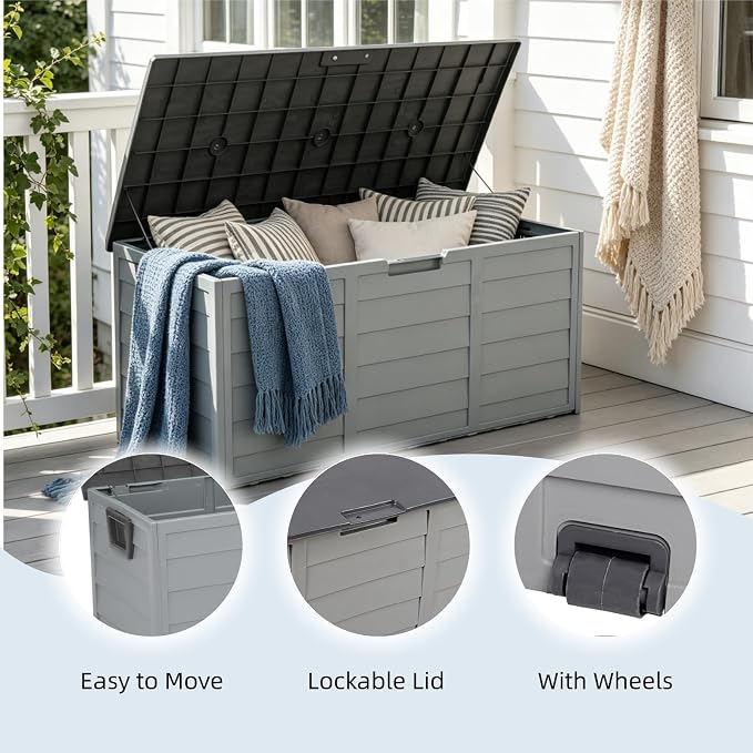 75 Gallon Waterproof Outdoor Deck Box with Wheels, Lockable Resin Patio Storage Container for Cushions, Garden Tools, Pool Accessories and Outdoor Supplies, Grey