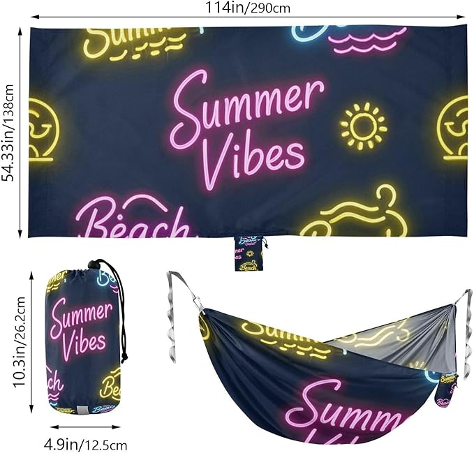 Sun Neon Summer Vibes Beach 330lb Capacity Outdoor Hammock with Portabl Carry Bag Cloth Hammock for Outside Patio Garden hamacas para Deck