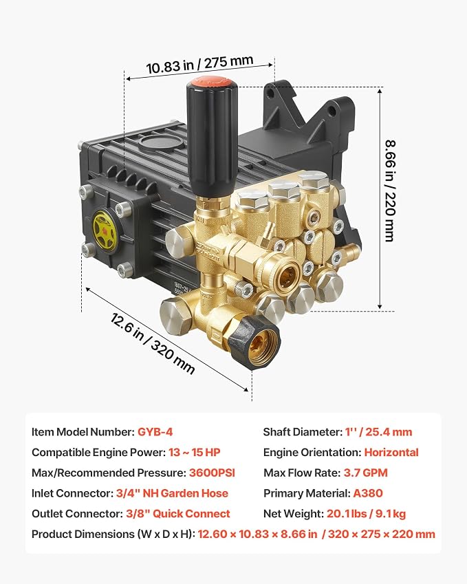 VEVOR Pressure Washer Pump, 1" Shaft Horizontal Triplex Plunger, 3600 PSI, 3.7 GPM, Replacement Power Washer Pumps Kit with Siphon Tube, Hardware, Compatible with Simpson MorFlex 40224, 40225, 40226