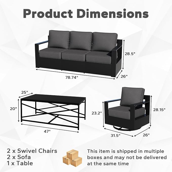 Outdoor Aluminum Furniture Set, 4-Piece Patio Conversation Set, 2 Swivel Chairs, 2 Sofa and 1 Table, All-Weather Metal Frame, 6" Thick Removable Cushions, Deep Setting for Garden, Porch