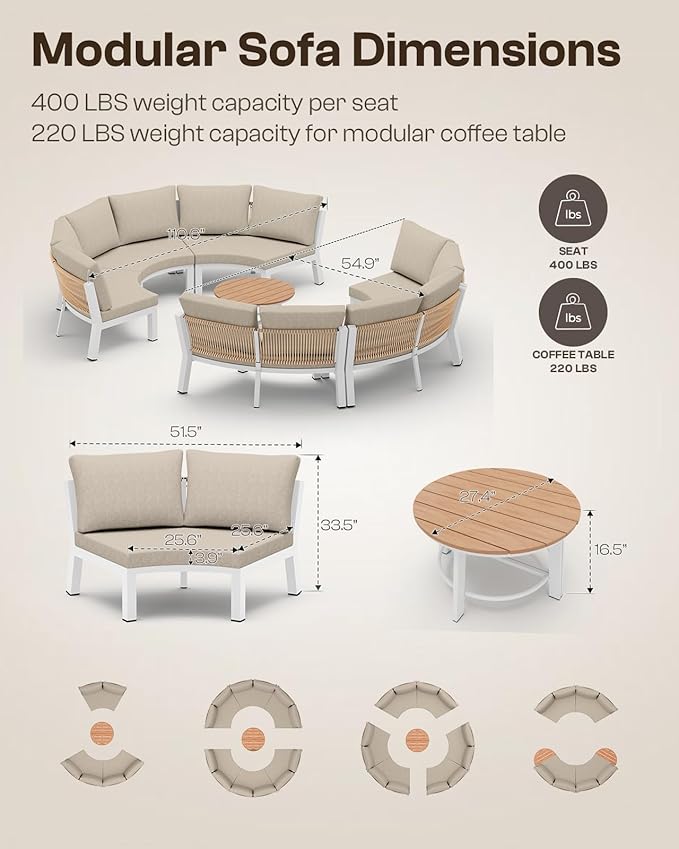 Half Moon Outdoor Patio Furniture Set, Aluminum Curved Patio Conversation Sets, Luxury Outdoor Sectional with PE Rope, All-Weather 7 Pcs Outdoor Couch with Coffee Table & Cushions, White