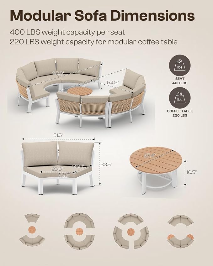 Outdoor Patio Furniture Set, 7 Piece Aluminum Curved Outdoor Sectional Sofas with Modular Coffee Table, PE Rattan Patio Conversation Sets, All-Weather Patio Couch Sets with Cushions, White