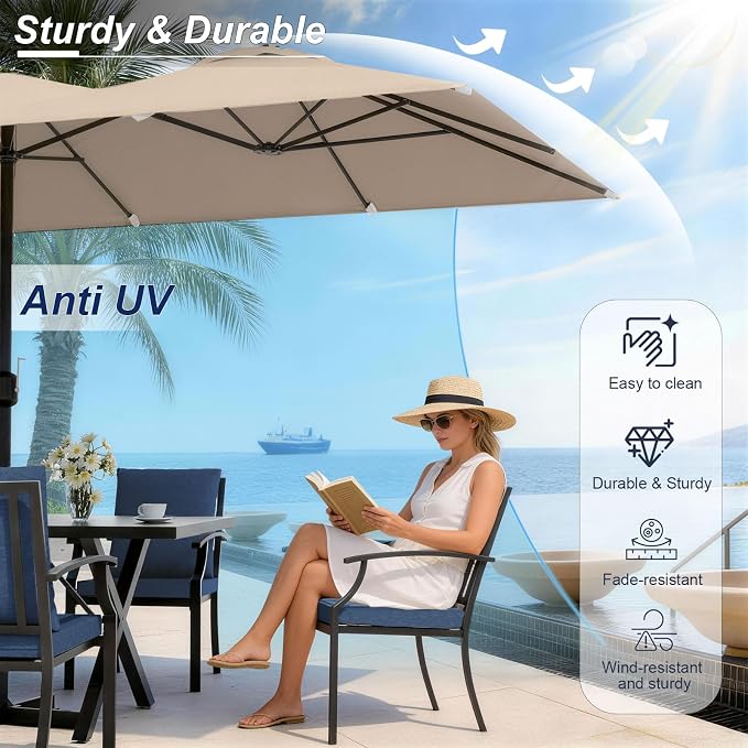10 Pieces Patio Dining Set with Brown Umbrella,Outdoor Furniture Set Includes Hole Cut-Out Table and 6 Metal Backrest Chairs and 2 Swivel Chairs for Backyard,Garden,Poolside,Navy