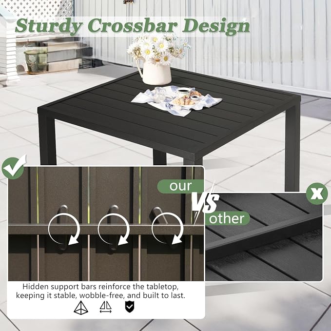 Domi Outdoor Dining Table for 4, Rectangular Metal Patio Table with Umbrella Hole for Deck Garden Lawn Backyard Use, Brown