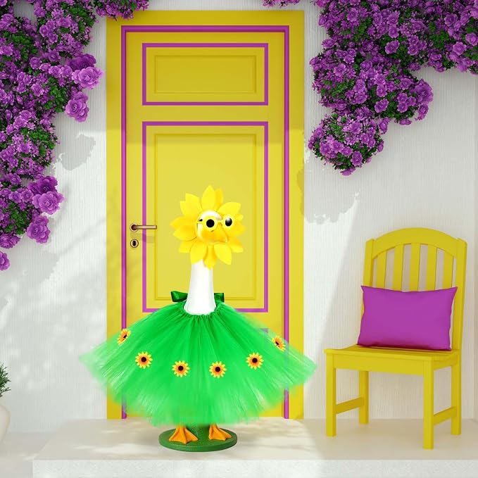 JcHrmers Sunflower Porch Goose Outfits Spring Summer Goose Outfit Headpiece Glasses Tutu Skirt Fits 23" Cement Plastic Goose Statue for Outdoor Lawn Garden Yard Patio Decor