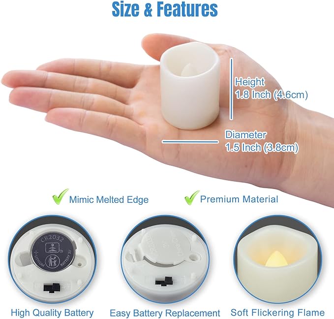 24 Battery Powered Flickering LED Tea Lights, Flameless Votive Electric Fake Candles for Wedding, Festival Celebration,Party, Halloween and Christmas Decoration(Warm White)