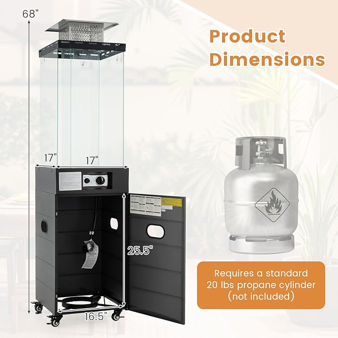 COSTWAY Outdoor Heater, 40,000 BTU Square Patio Propane Heater with Tempered Glass Tube, Protective Cover, Lockable Wheels, CSA Certified, Perfect for Porch Backyard Balcony Poolside, Black