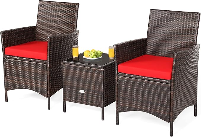 3 Pieces Patio Furniture Set, Wicker Outdoor Furniture with Water-Resistant Cushion & Tempered Glass Top Table, Conversation Set Bistro Set for Porch, Balcony, Backyard (Red)