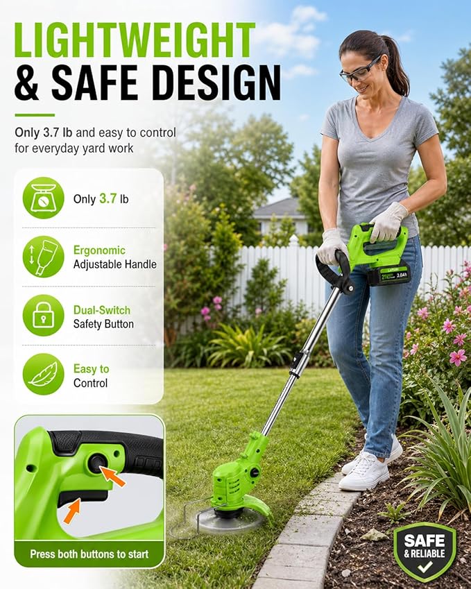 Cordless Weed Wacker with Wheels, 880W Electric Weed Eater with 2 x Batteries, 3-in-1 Battery Powered Grass Trimmer/Brush Cutter with 5 Types Saw Blades, Lightweight for Lawn & Garden