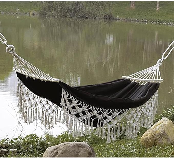 Double Hammock with Tassels, Cotton Canvas Portable Hanging Swing for Indoor Outdoor Use, 150kg Load Capacity, Ideal for Camping and Garden Relaxation
