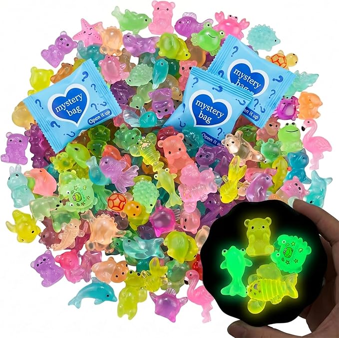 200 Pcs Mini Resin Animals Blind Bags, Glow in The Dark & Glitter Mystery Animals, Individually Wrapped Tiny Luminous Miniatures for Fairy Garden, Micro Landscape, DIY Crafts