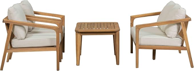 Merax 4 Piece Patio Outdoor Furniture Set, All-Weather Acacia Wood Loveseat Sofa, 2 Armchairs w/Coushions, 1 Coffee Table for Porch, Lawn, Backyard, Balcony Teak+ Beige