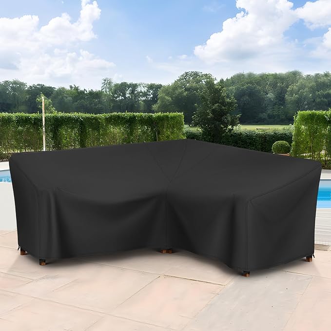 SunPatio Outdoor Sectional Sofa Cover, 420D Waterproof V-Shaped Furniture Couch Covers with Drawstrings and Straps, All Weather Protection, 85" W (on Each Side), Black