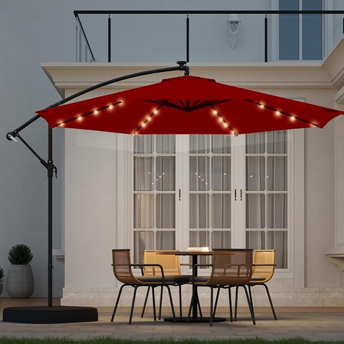10FT 40-LED Solar Lighted Patio Umbrella with Base Included, Outdoor Offset Cantilever Umbrella, Infinite Tilt, UV Protection for Backyard, Lawn, Garden & Pool