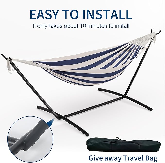 Heavy Duty Double Cotton Hammock with Steel Stand – 2 Person Brazilian-Style, 450lbs Capacity, Portable Indoor Outdoor Lounger with Carry Bag, Backyard, Balcony, Camping, Blue and White