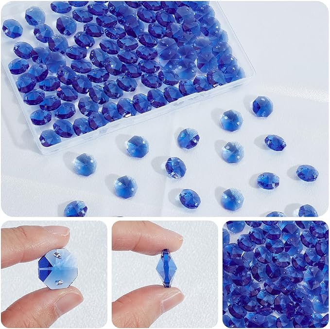 120Pcs 14mm Octagonal Crystal Beads Suncatcher Glass Beads with 2 Hole Dodger Blue Chandelier Replacement Connector Faceted Prism Spacers for DIY Lamp Hanging Ornament Pendant Jewelry Decor