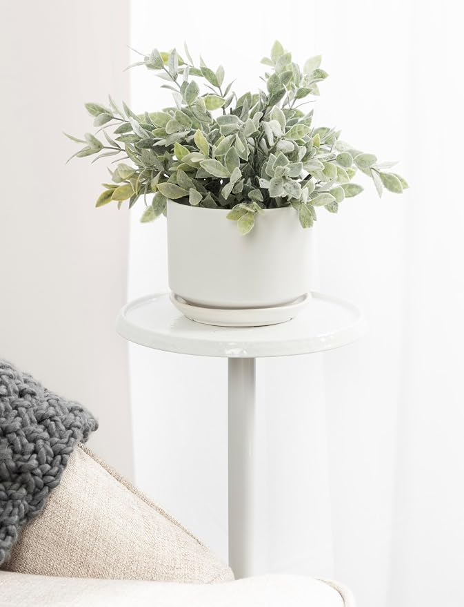 Kate and Laurel Sanzo Modern Pedestal Outdoor Drink Table; 9 x 9 x 23; White; Decorative Outdoor Patio Table for Deck with Hammered Tabletop for Use as Small Plant Stand or Living Room Martini Table