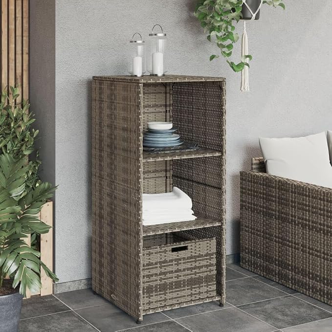 Grey PE Rattan Outdoor Storage Cabinet 21.7"x19.7"x45.3", Adjustable Shelves, Tool & Cushion Organizer, Wall-Mount Deck Box for Patio/Balcony/Garage