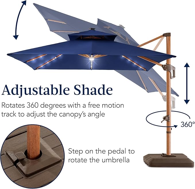 Best Choice Products 10ft Square Cantilever Patio Umbrella w/Base Included, Woodgrain Pattern Pole & Solar LED Lights, 360-Rotation, Offset Hanging Outdoor Shade