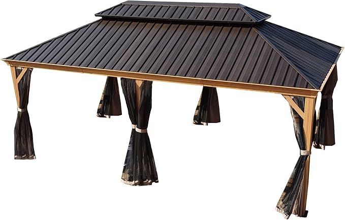 Kozyard Apollo 12’x20’ Hardtop Gazebo, Wooden Coated Aluminum Frame Canopy with Galvanized Steel Double Roof, Outdoor Permanent Metal Pavilion with Netting for Patio, Lawn