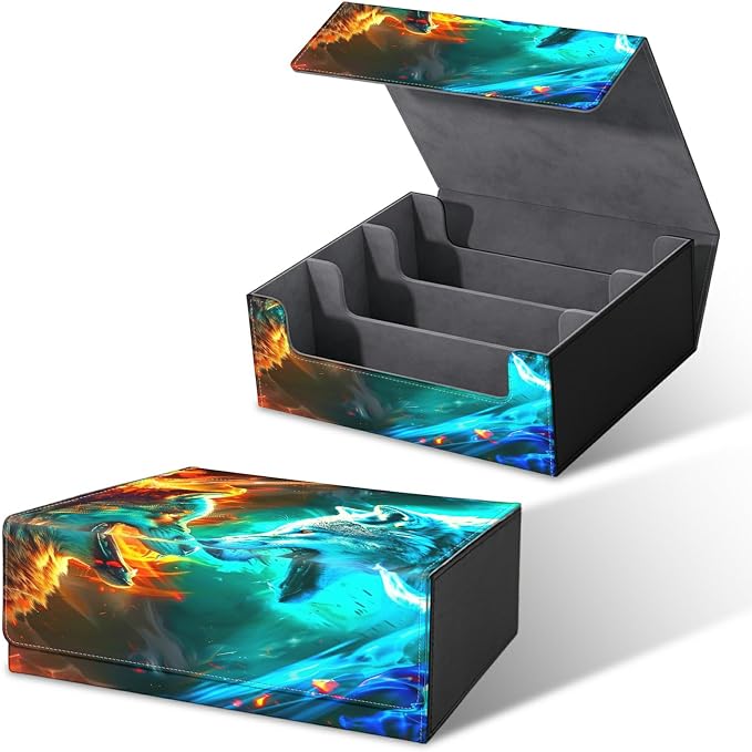 Card Deck Box for MTG, Cards Storage Box Fits 120+ Sleeved, Leather Big Size Strong Magnetic Closing Case for Board Games Magic TCG CCG Baseball Collection Women Man, Two Flaming Wolves