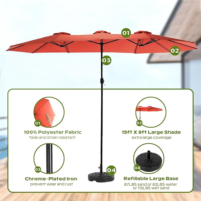 15ft Umbrella Outdoor Patio - Double-Sided Large Market Rectangle Umbrellas with Crank Handle for Patio Garden Yard Pool (No Base)