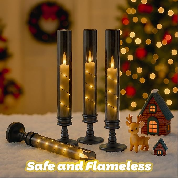 6 PCS Flameless Candles with Timer, Flickering Flameless LED Pillar Candles for Romantic Ambiance with Embedded Star String, Acrylic Battery Perated Fake Candles for Home Decoration (Black)