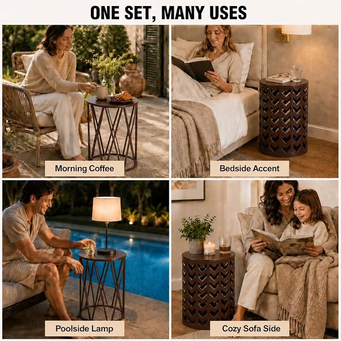 Y&M Outdoor Side Tables Set of 3, Nesting Patio Side End Tables for Outside, Round Heavy Duty Metal Stacking Accent Tables for Patio Balcony Garden Indoor, Brown