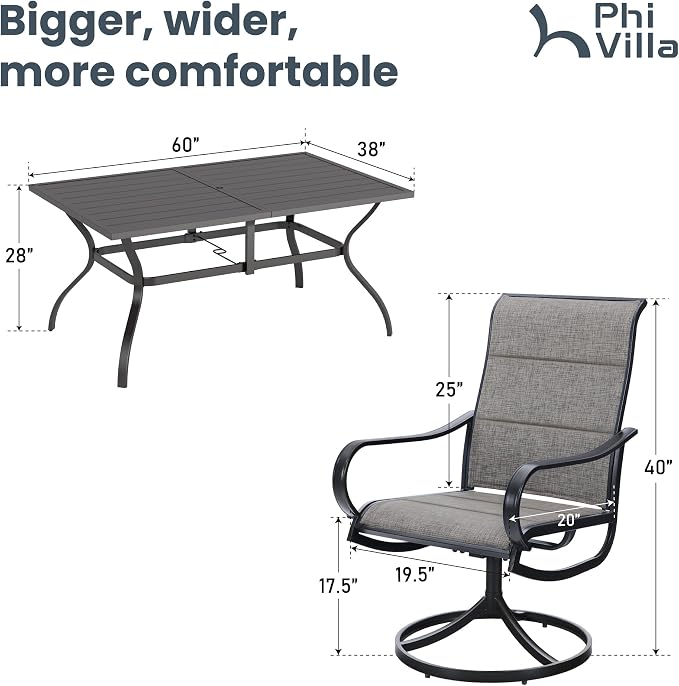 PHI VILLA Patio Dining Set 7 Piece, Outdoor Table and Chairs Set with 6 Padded Textilene Swivel Patio Chair & 60" x 38" Large Rectangular Metal Dining Table(1.57" Umbrella Hole)