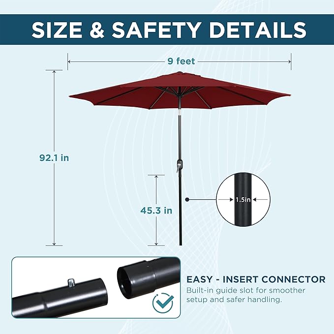 9FT Outdoor Patio Umbrella with Push Button Tilt and Crank, Market Umbrella, 8 Heavy-Duty Ribs, Outdoor Table Umbrella for Garden, Deck, Poolside & Backyard