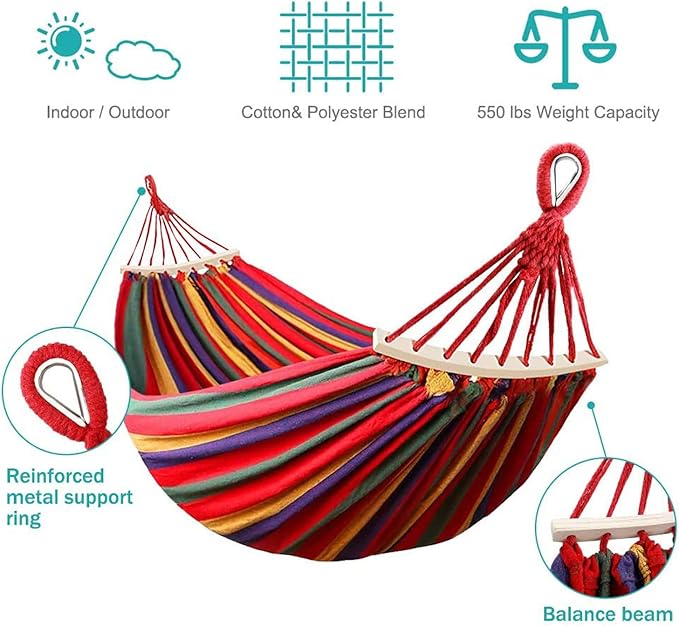 285X155cm Hammock with Spreader Bars, Camping Hammock Outdoor, with Thickened Durable Canvas Fabric and Sturdy Metal Knot, 550 Lb Load Capacity, for Backyard, Garden,Blue