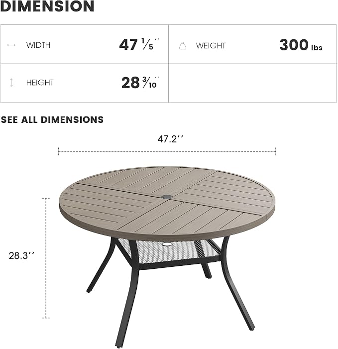 Patio Dining Table for 4-6, Round Metal Outdoor Table with Storage Shelf, 1.57" Umbrella Hole, 47" Outdoor Quartered Tabletop Dining Table for Backyard, Porch, Lawn, Grey