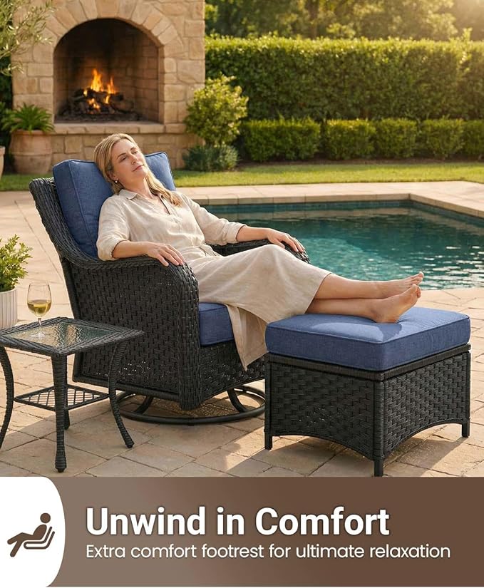 10 Pieces Outdoor Furniture Set with 6-inch Cushions, High Back Wicker Swivel Rocker Chairs with Fire Pit Table, Luxury Conversation Set for Deck Patio and Poolside