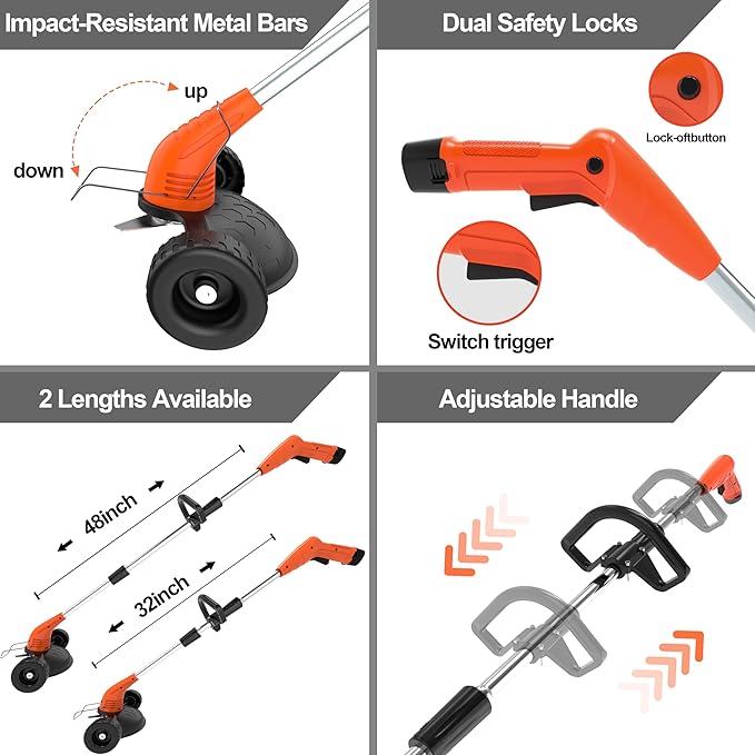 Cordless Weed Wacker, Grass Trimmer with 3 Types Blades and 2.0Ah Li-Ion Battery Powered,12V Electric Weed Trimmer/Edger for Garden Yard Work and Lawn Care（Orange）