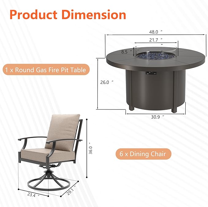 7 Pieces Outdoor Patio Furniture Set with 48" Round Propane Fire Pit Table,Patio Dining Set Outdoor Conversation Sets 6 Swivel Chairs for Deck,Backyard and Garden,Brown