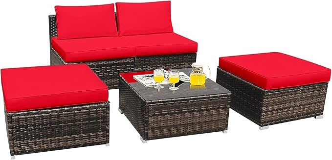 HAPPYGRILL 5-Piece Chaise Lounge Set with Ottoman & Coffee Table Outdoor Rattan Wicker Lounge Chair Daybed Conversation Sofa Set with Cushions for Garden Balcony Poolside Backyard