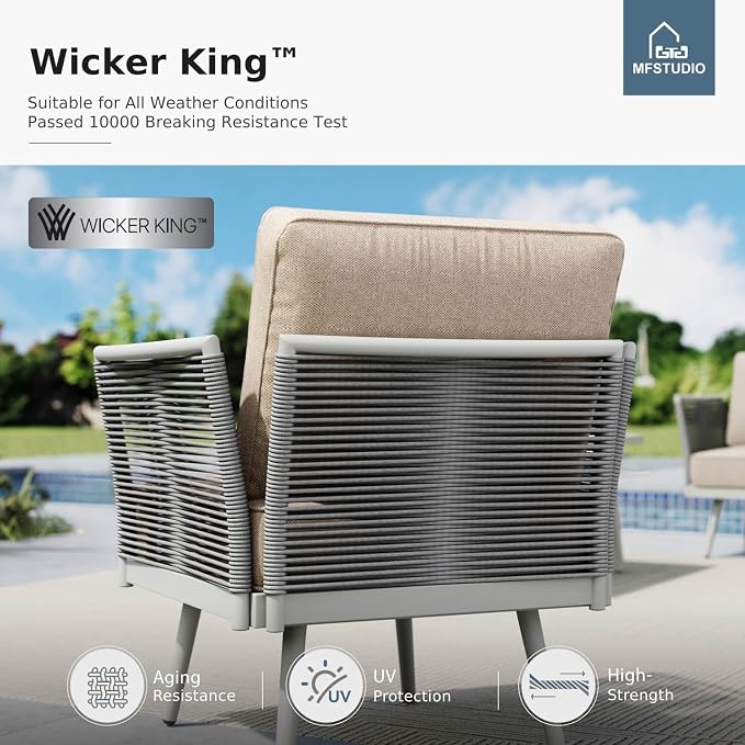 MFSTUDIO 5 Pieces Metal Patio Furniture Sets with Detachable Rope Rattan Armrest, 4 Seats Steel Outdoor Conversation Set All Weather Patio Sectional Couch with Coffee Table for Garden, Beige Cushion