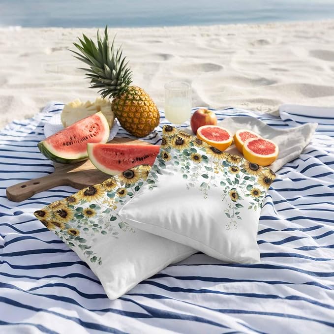 Vandarllin Outdoor Throw Pillows Covers 26x26 inch Set of 2 Waterproof Green Eucalyptus Leaves Decorative Zippered Cushion Covers for Patio Furniture, Watercolor Sunflower Lumbar Pillowcases