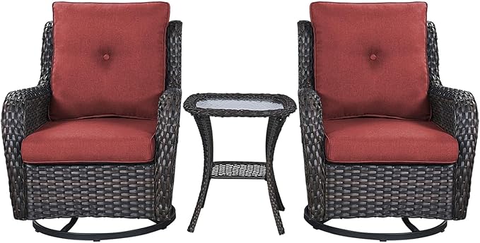 Rilyson Patio Chairs Rocking Swivel Chiar - 3 Piece Outdoor Wicker Patio Bistro Set Rattan Rocker Glider Chairs with High Back and Deep Seating for Outside Porch Deck Garden(Brown/Red)