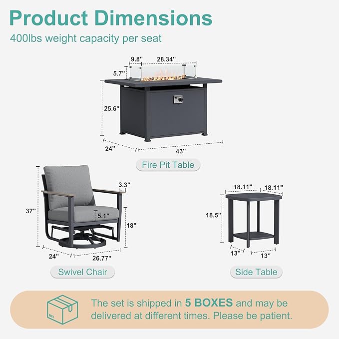 10Pcs Aluminum Patio Rocking Swivel Chair with 55,000 BTU Fire Pit Table Outdoor Bistro Set with Coffee Table, Patio Furniture Set with High Backrest & Thickened Cushions, Grey