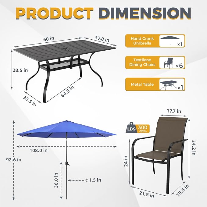SUNCROWN 8 - Piece Outdoor Dining Set, Patio Furniture Set with 6 Textilene Dinning Chairs, 1 Rectangle Metal Table and 1 Dark Blue 9Ft Patio Umbrella for Lawn Garden Backyard Deck, Brown