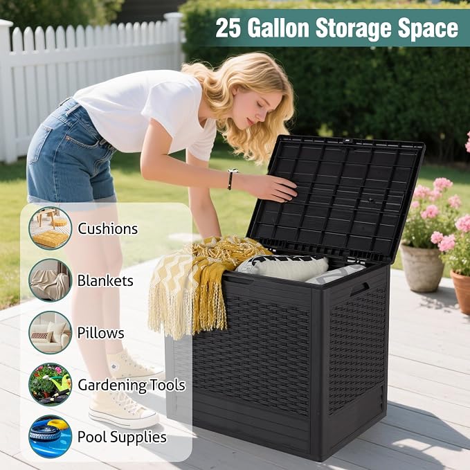 Giantex 25 Gallon Outdoor Storage Box, PP Deck Container with Rattan Patterns & Lockable Lid, All-Weather Patio Plastic Storage Bin for Package Delivery, Garden Tools, Patio Cushions (Brown)