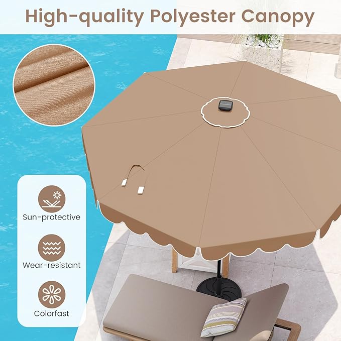 HAPPYGRILL 10 FT Patio Umbrella with Solar Lights, Market Sunshade with Ruffles, Vented Top, Tilt Adjustment & Built-in Crank, Outdoor Parasol Canopy for Backyard Poolside Deck Beach Lawn