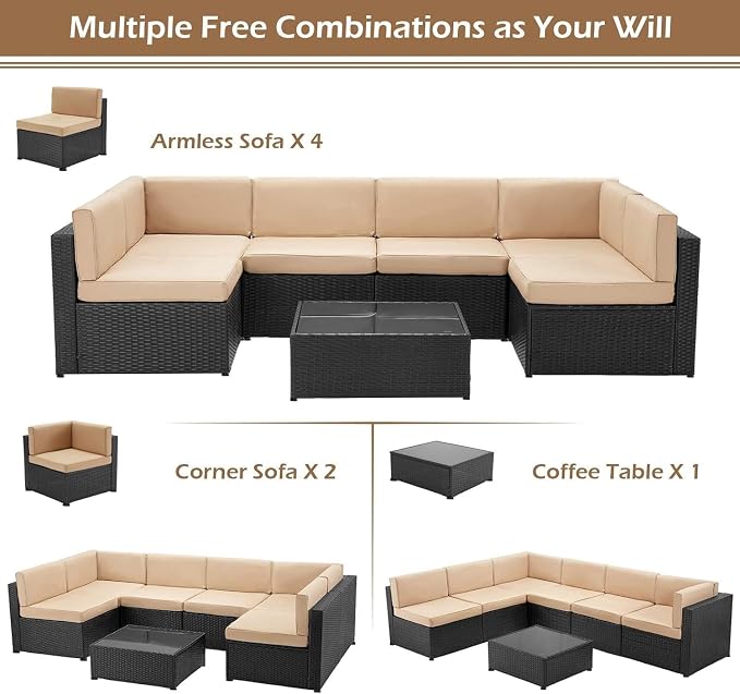 7-Piece PE Rattan Patio Furniture Set with Outdoor Wicker Sectional Sofa and Chairs with Tea Table for Backyard, Garden, Porch, or Deck Conversation Lounge(Blue2)