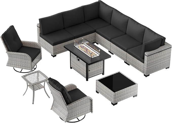 11-Piece Patio Furniture Set, Outdoor Patio Furniture with 55,000 BTU Fire Pit Table, Swivel Chairs Set, Thick Cushions, Modular Patio Sofa, Dual-Strand Wicker Rattan, Rust-Resistant Frame, Black