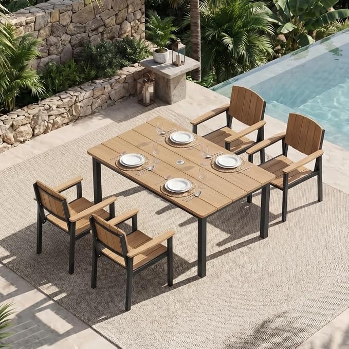 Outdoor Dining Sets Patio Table and Chairs Set 5-Piece, Aluminum Frame HDPS Faux Wood, All Weather Patio Dining Set with Umbrella Hole for Garden Backyard Poolside Nature Wood