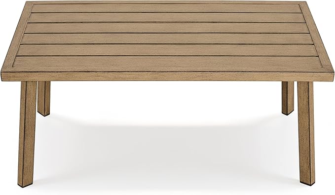 Outdoor Patio Coffee Table, Rectangle Aluminum All-Weather Side Table with Wood-Grain Texture, 200lbs Capacity, Modern Patio Furniture Sets for Garden, Backyard, Porch (Brown)