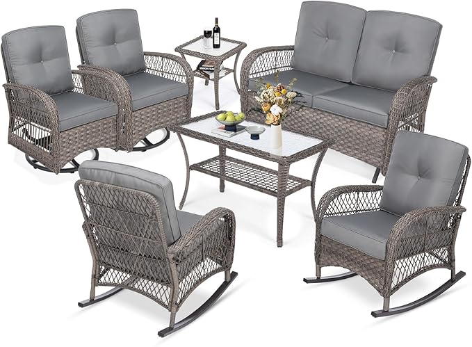 MEETWARM 7 Pieces Outdoor Patio Rattan Furniture Sets, All Weather Patio Wicker Conversation Set- 2 Rocking Chairs, 2 Swivel Chairs, 1 Loveseat Glider w/Cushions, 2 Glass-Top Coffee Table, Gray